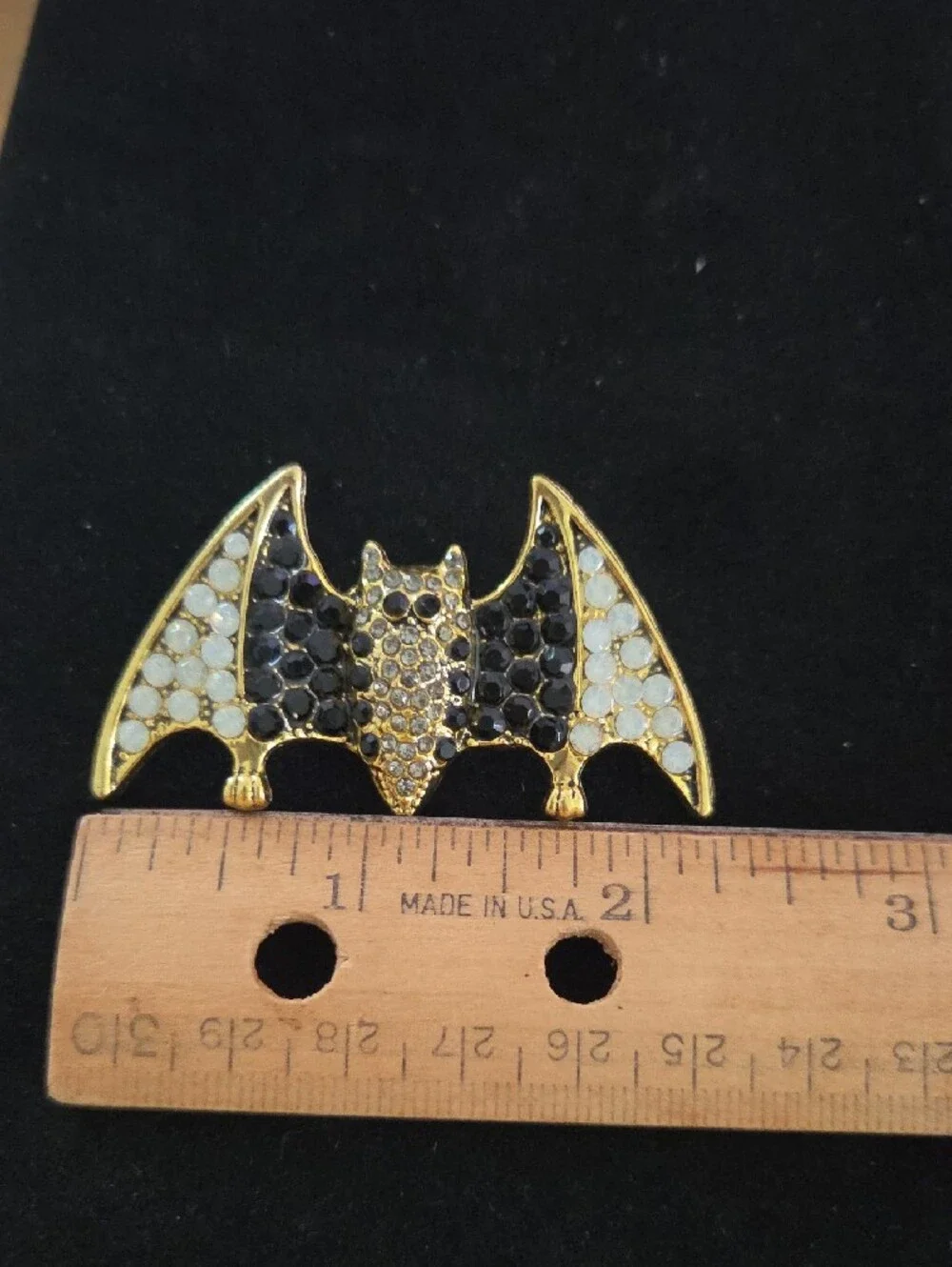 Gold Bat Wing Crystal Brooch - Black & White Accent